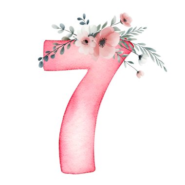 Elle çizilmiş suluboya 7 numara ve narin çiçekler. Yedi numaranın pembe tablosu.