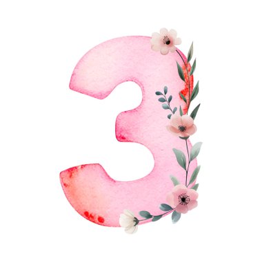 Elle çizilmiş suluboya 3 numara ve narin çiçekler. Üç numaranın pembe resmi..