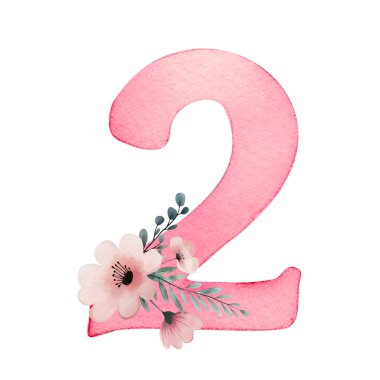 Elle çizilmiş suluboya 2 numara ve narin çiçekler. İki numaranın pembe resmi..