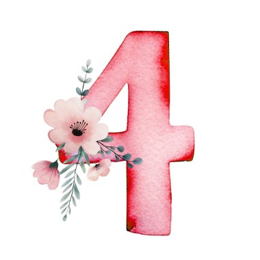 Elle çizilmiş suluboya 4 numara ve narin çiçekler. Dört numaranın pembe resmi..