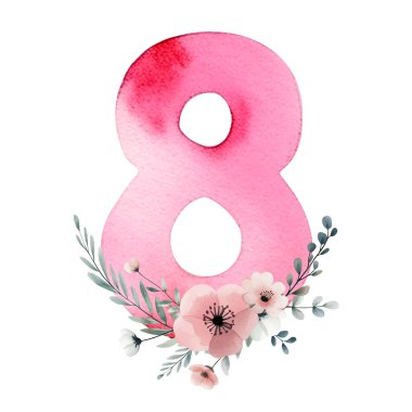 Elle çizilmiş suluboya numara 8 ve narin çiçekler. Sekiz numaranın pembe tablosu.