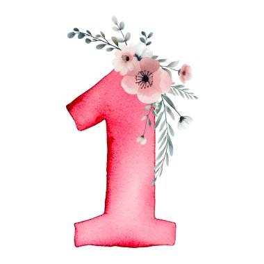 Bir numaralı suluboya, narin çiçeklerle çizilmiş. Bir numaranın pembe tablosu.