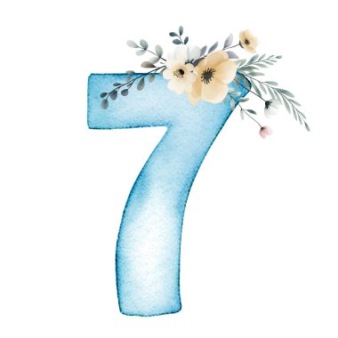 Elle çizilmiş suluboya 7 numara ve suluboya çiçekler. Yedi numaranın mavi resmi..