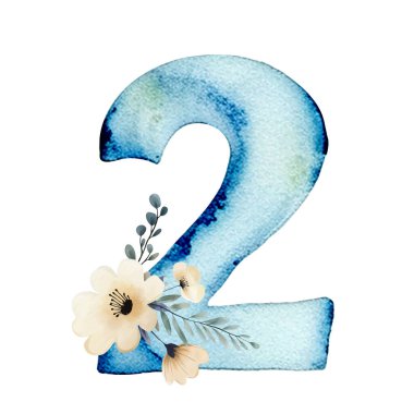 İki numaralı suluboya, suluboya çiçeklerle çizilmiş. İki numaranın mavi resmi..