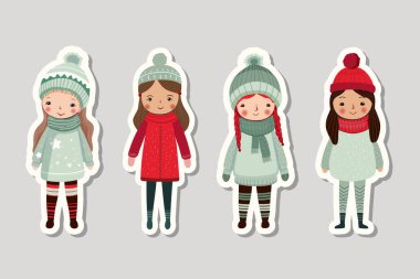 Kışın komik kızların olduğu çıkartmalar. Kış karakterleri. Peri masalı tarzında el çizimi kızlar. Kış giysileri.