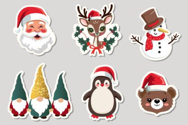Xmas çıkartmaları. Tatlı kış karakterleri Noel Baba, geyik, elf, penguen, ayı. Mutlu Noeller.. 
