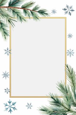 Köknar dallı suluboya çerçeve, kar taneleri ve metin için yer. Noel kartı. Kış yeni yıl posteri