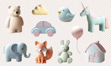 Üç boyutlu set ve sevimli çocuk oyuncakları. 3D gerçekçi ayı, tavşan, araba, tek boynuzlu at, tilki, fil, pastel renkli ev