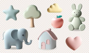 Üç boyutlu çocuk oyuncakları ve kreş malzemeleri. 3D görüntüleme seti şirin fil, tavşan, yıldız, pastel renkli bulut