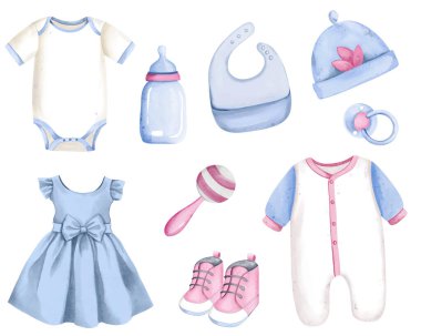 Suluboya bebek aksesuarları ve bez. Pastel renklerde el çizimi bebek odası. Yeni doğan için eşyalar 