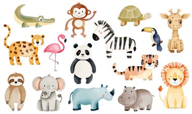 Vahşi orman hayvanları. Suluboya Afrika zebrası, zürafa, fil, kaplan, maymun, aslan. El yapımı safari hayvanları..