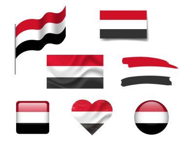 Yemen bayrak simgeleri seti. Yemen 'in vektör bayrağı, sembol. Yemen bayrakları, düğme, fırça, el sallama, kalp.