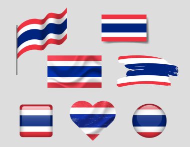 Tayland bayrağı ikon takımı. Tayland 'ın vekil bayrağı, sembol. Tayland bayrakları fırça, düğme, el sallama, kalp.