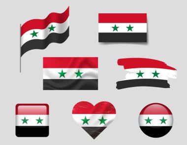 Suriye bayrak simgeleri seti. Suriye 'nin vekil bayrağı, sembol. Suriye bayrakları, fırça, el sallama, kalp.