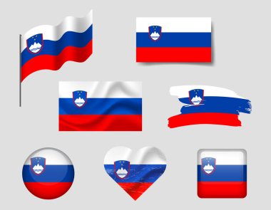 Slovenya bayrağı simgeler seti. Slovenya 'nın vekil bayrağı, sembol. Slovenya bayrakları fırça, düğme, el sallama, kalp.