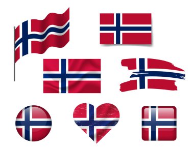 Norveç bayrağı ikon seti. Norveç 'in vektör bayrağı, sembol. Norveç bayrakları fırça, düğme, el sallama, kalp.