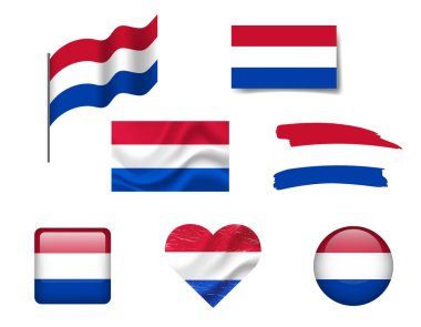 Hollanda bayrak simgeleri seti. Hollanda 'nın vekil bayrağı, sembol. Hollanda bayrakları seti, el salladı, kalp.