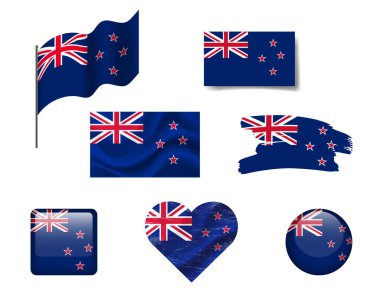 Yeni Zelanda bayrak simgeleri. Yeni Zelanda 'nın vektör bayrağı, sembol. Yeni Zelanda bayrak düğmesi seti, el salladı, kalp.