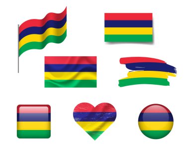 Mauritius flag set of icons. Vector flag of Mauritius, symbol. Set of Mauritius flags button, waved, heart. clipart