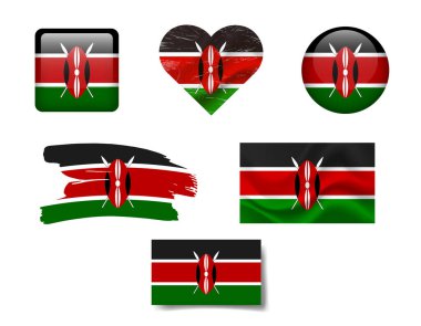 Kenya bayrağı ikon seti. Kenya 'nın vektör bayrağı, sembol. Kenya bayrakları seti, el salladı, fırçaladı, kalp.