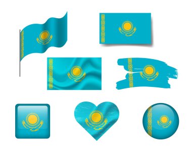 Kazakistan bayrak ikon seti. Kazakistan 'ın vektör bayrağı, sembol. Kazakistan bayraklarının düğmesi, el sallaması, kalp.