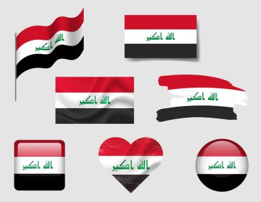 Iraq flag set of icons. Vector flag of Iraq, symbol. Set of Iraq flags button, brush, waved, heart. clipart