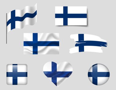 Finlandiya 'da simgeler dizisi. Finlandiya temsilci bayrağı, sembol. Finiş bayrakları fırça, düğme, el sallama, kalp.