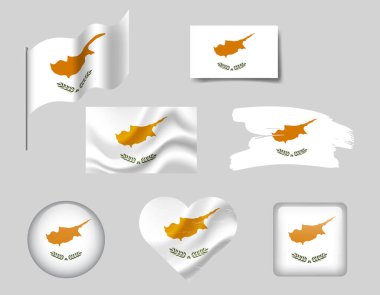 Cyprus flag - set of icons. Vector flag of Cyprus, symbol. Set of Cyprus flags brush, button, waved, heart. clipart