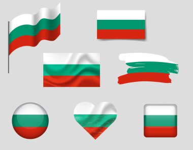 Bulgaristan 'ın bayrak simgeleri. Bulgaristan 'ın vektör bayrağı, sembol. İspanyol bayrakları - düğme, fırça, el sallama, kalp.
