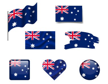 Avustralya bayrak simgeleri seti. Avustralya 'nın vektör bayrağı, sembol. Avustralya bayrakları düğmesi, fırça, el sallama, kalp.