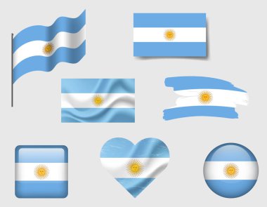 Arjantin bayrak ikonlar takımı. Arjantin 'in vektör bayrağı, sembol. Arjantin bayrakları fırça, düğme, el sallama, kalp.