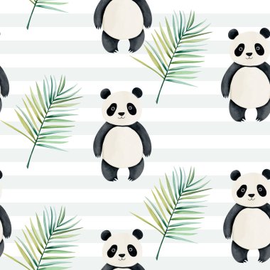 Suluboya pandayla hoş, pürüzsüz bir desen. Çocuksu orman geçmişi. Suluboya bebek panda duvar kağıdı. 