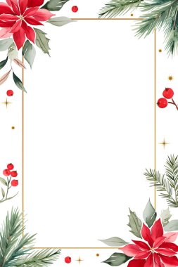 Noel çerçevesi suluboya köknar dalları, Noel çiçeği ve yazı için yer. Xmas botanik kartı. 