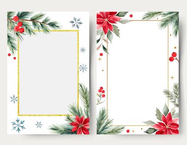 Yeni yıl arifeleri. Bitkiler, çiçekler ve kar taneleriyle suluboya boş noel kartları. Dallar, böğürtlenler. 