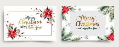 Yatay suluboya çerçeveler, Noel ağacı dalları ve altın harflerle. Mutlu Noeller ve yeni yıl kartları