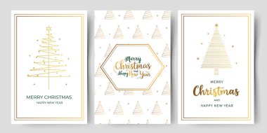 İçinde altın noel ağacı olan bir sürü Noel kartı. Minimalist tebrik kartları. Altın harfler..