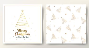 Basit mutlu noel kartı ve kusursuz desenli altın noel ağacı ve harfleri. Asgari xmas şablonu. 