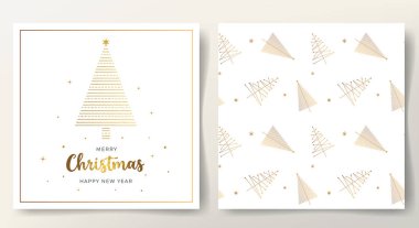 Minimalist xmas şablonu. Basit mutlu noel kartı ve kusursuz desenli altın noel ağacı, harfleri. 