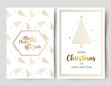 İçinde noel ağacı ve yazılar olan bir dizi altın noel kartı. Minimalist xmas tebrik kartları. 