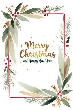 İçinde köknar dalları, suluboya lekeleri ve altın metin olan Noel kartı. Xmas çerçevesi. Kış arkaplanı
