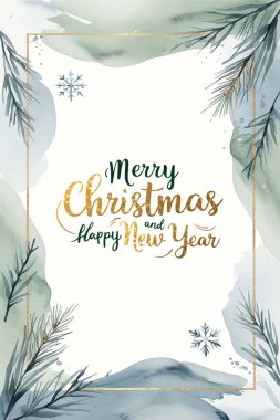 İçinde köknar dalları, suluboya lekeleri ve altın metin olan Noel kartı. Xmas çerçevesi. Pastel kış arkaplanı