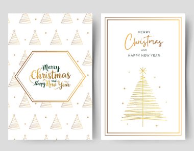 İçinde noel ağacı ve yazılar olan bir dizi altın noel kartı. Minimalist xmas tebrik kartları. 