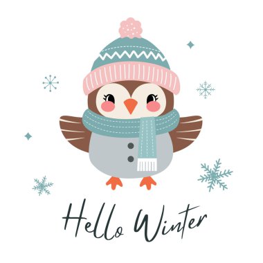 Hoş baykuşlu kış kartı. Kış hayvan çizimi. Noel karakteri. Basit düz biçim