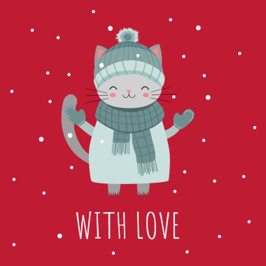 Şirin kedili Noel kartı. Kış hayvan çizimi. Noel karakteri. Basit düz biçim