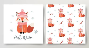 Kusursuz desenli ve kışlık kartlı, kalın elbiseli şirin tilki. Noel şablonu. Kış hayvanları.