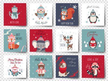 Sevimli hayvanlar Noel kartları. Noel karakterli hediye etiketleri. Kış hayvanları. Mutlu Noel etiketleri. 
