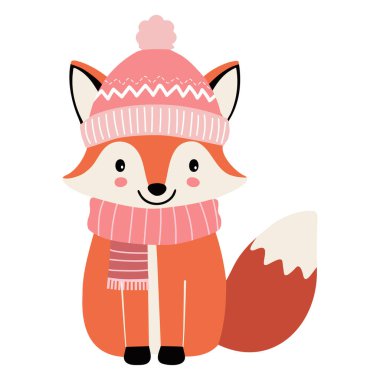 Kış kıyafetleri içinde çizgi film tilkisi. Elle çizilmiş tilki çizimi. Kalın giyimli evcil hayvan. 