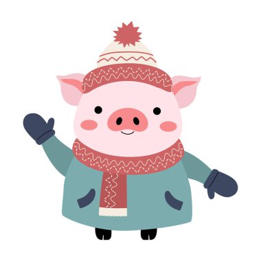 Kış kıyafetleri içinde çizgi film domuzu. Elle çizilmiş yaban domuzu resmi. Kalın giyimli evcil hayvan. 