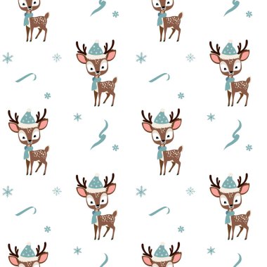 Şapkalı şirin ren geyiğiyle kışın pürüzsüz bir desen. Noel geçmişleri. Yeni yıl süslemeleri. Çizgi film hayvan deseni. 