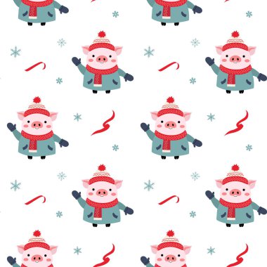 Şirin, sıcak giyimli domuzlu kusursuz bir desen. Xmas geçmişi. Çizgi film kış hayvanları deseni. 